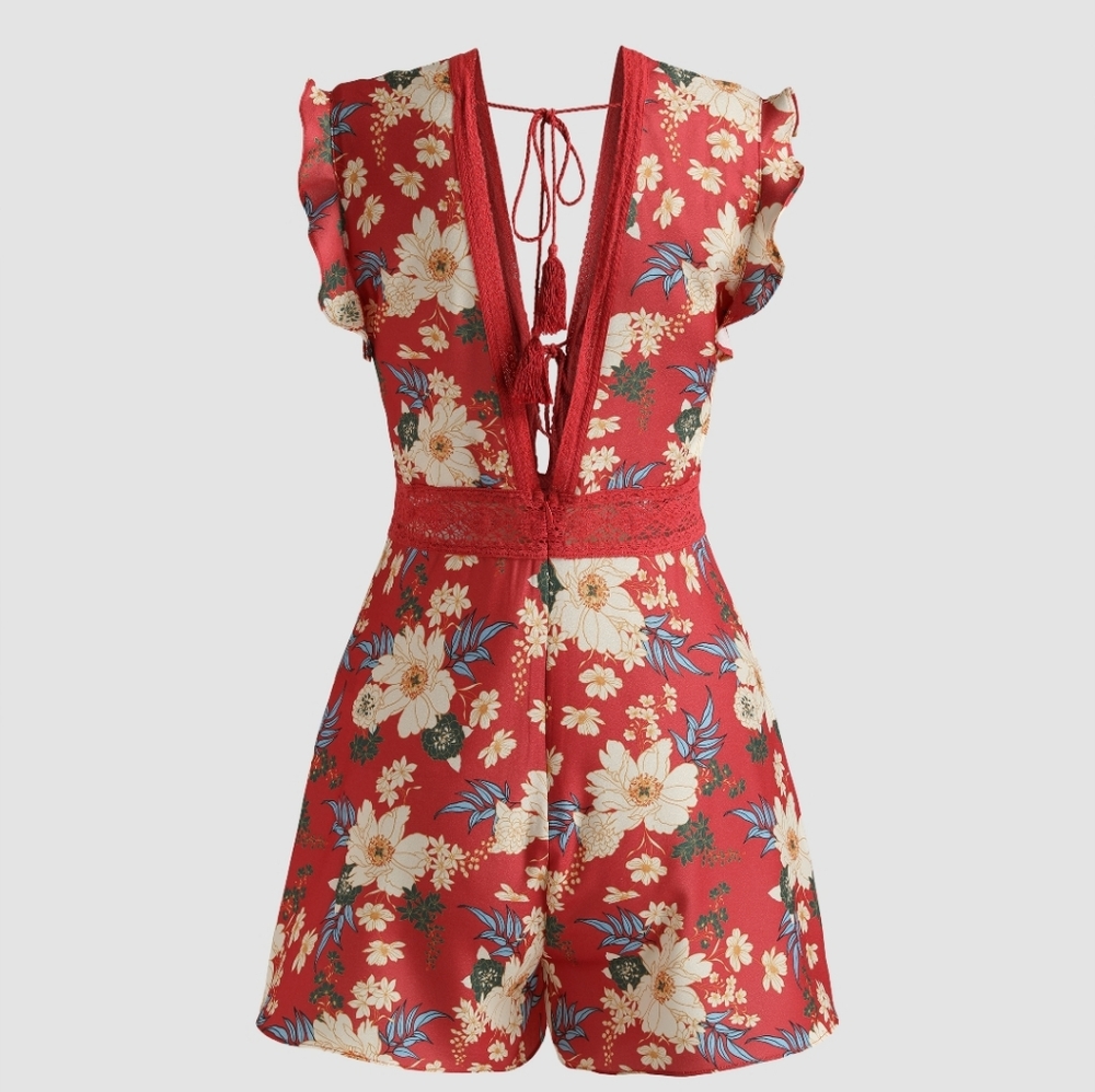 Floral Red Deep V Romper